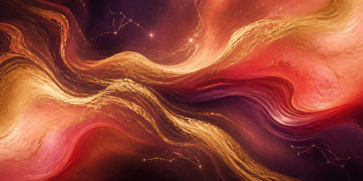 Flowing currents of gold, plum, and coral light