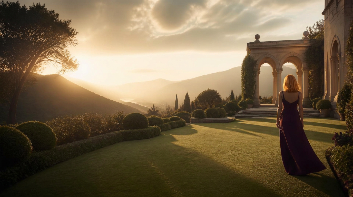 A spacious garden landscape at golden hour
