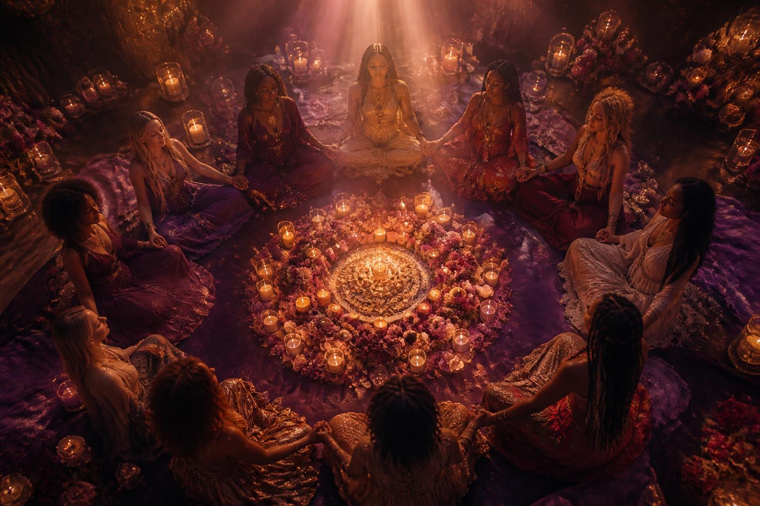 A sacred circle of women gathered in candlelight meditation