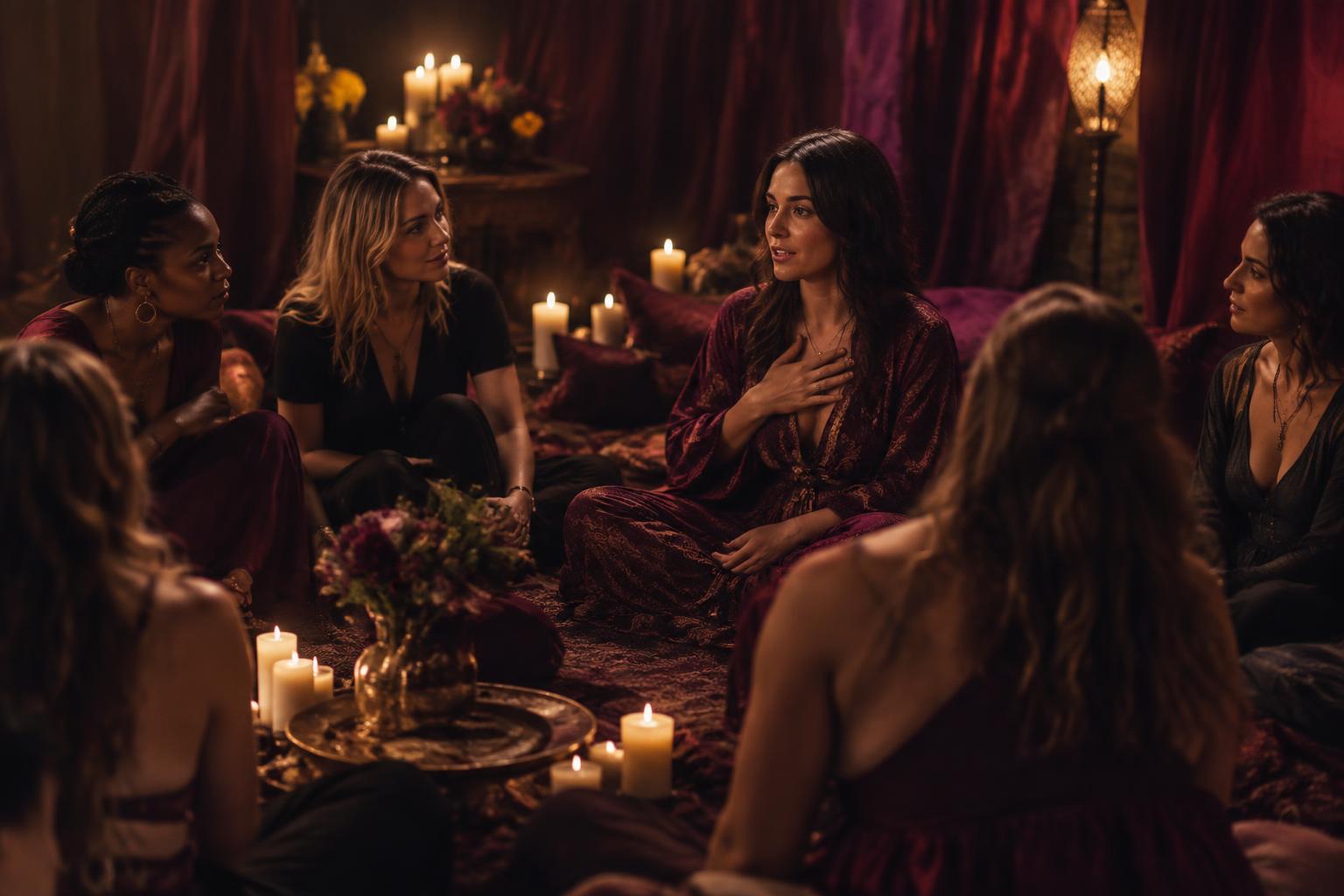 An intimate candlelit circle of women gathered in deep plum and burgundy — the atmosphere of the live cohort