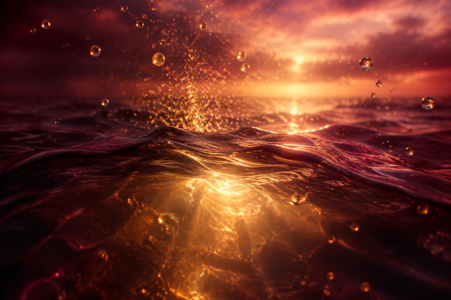Golden light rising from dark water at dusk — emergence into warmth and possibility