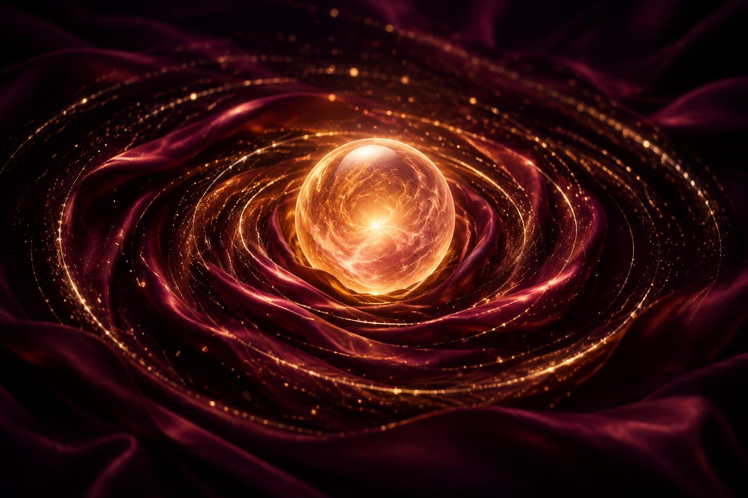 A warm golden orb of light radiating through rings of deep plum silk — the life force beneath the shadows