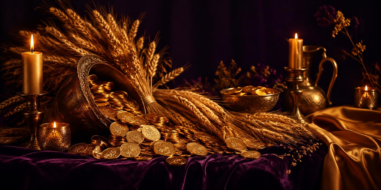 An abundant golden harvest — coins, wheat and candlelight on deep plum velvet