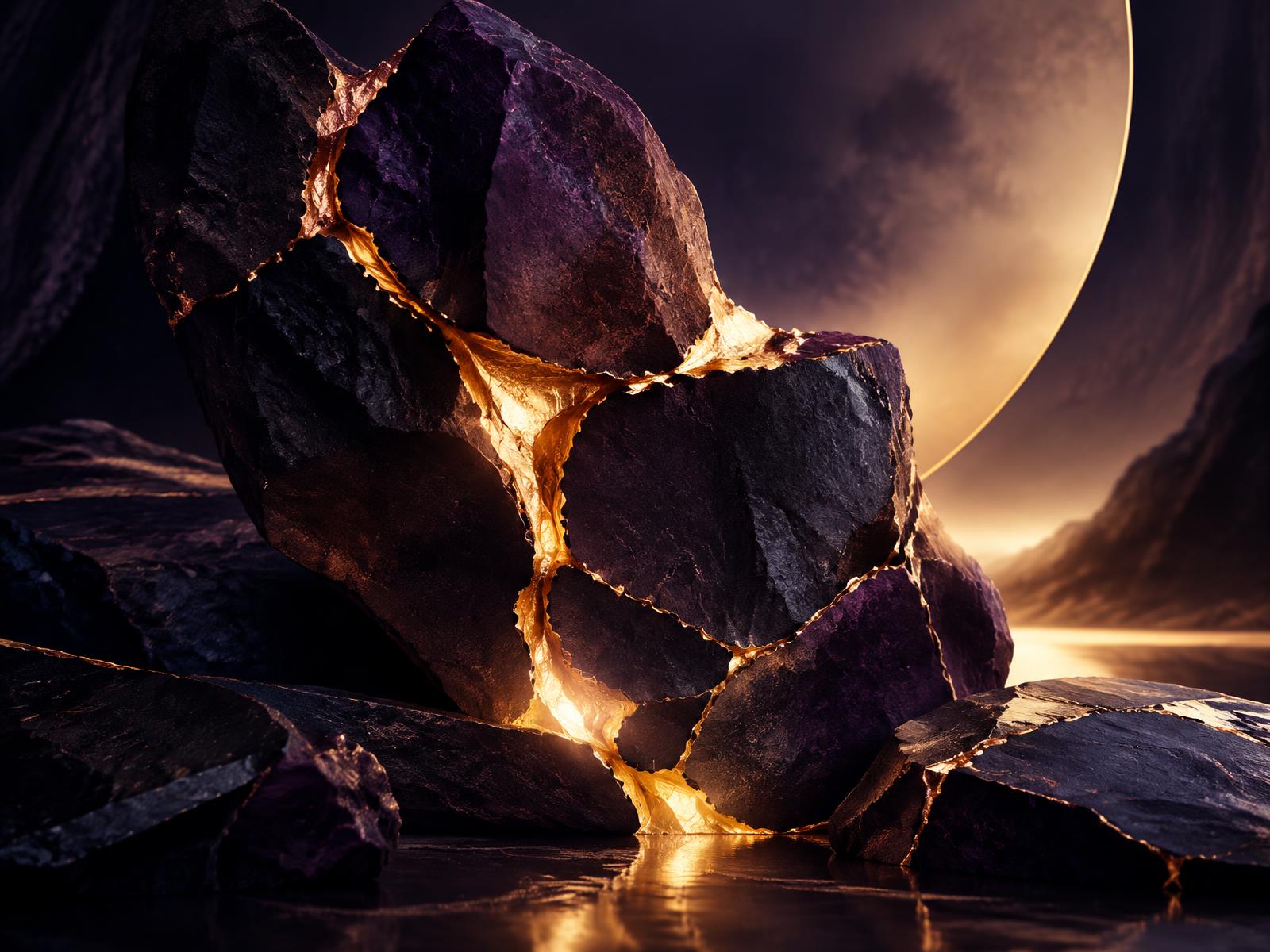 Dark stone cracking open to reveal gold light within — the alchemy of Wounds to Wealth