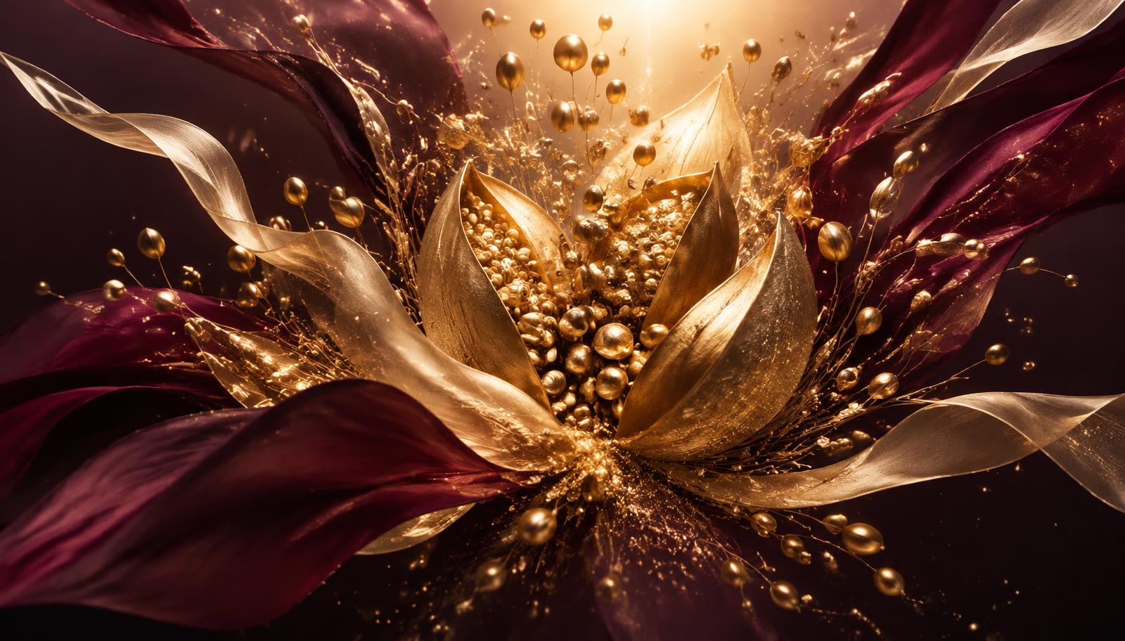Golden bloom opening outward in burgundy and plum — abundance expanding