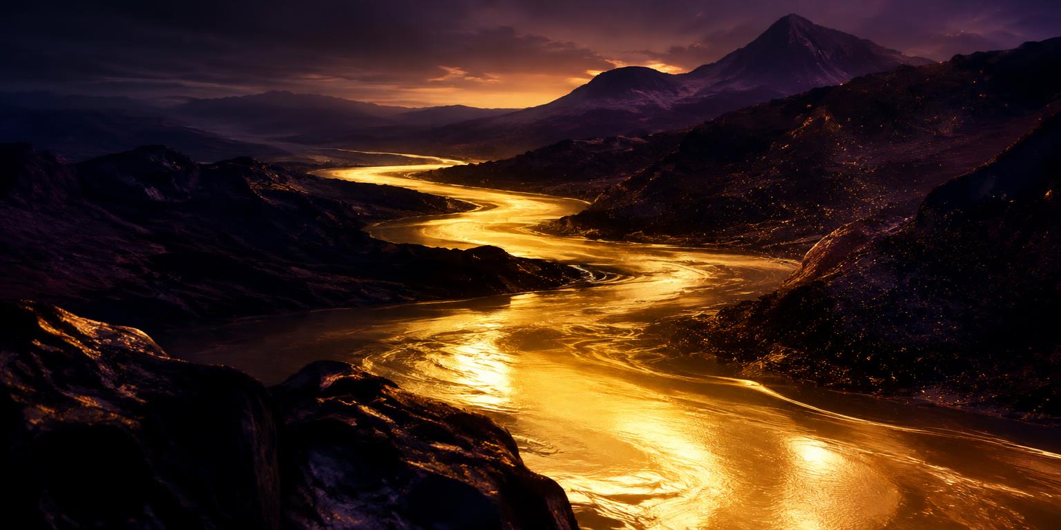 A river of liquid gold light flowing through a dark plum landscape — abundance as a current