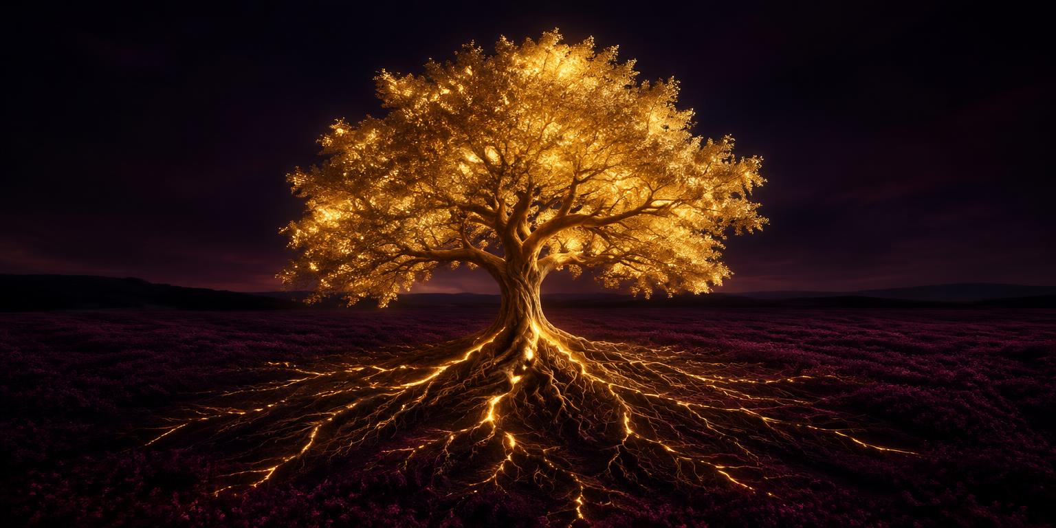 A luminous golden tree with glowing roots spreading through dark plum earth — wealth grown from deep roots