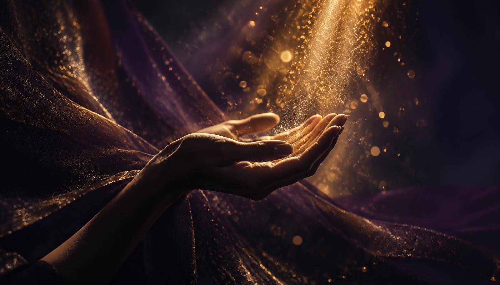 Open hands in shadow receiving a cascade of golden light