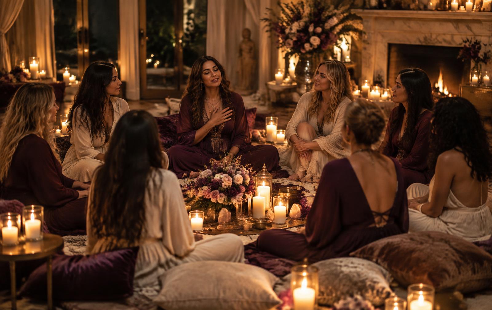 An intimate candlelit women's circle in a beautiful private residence