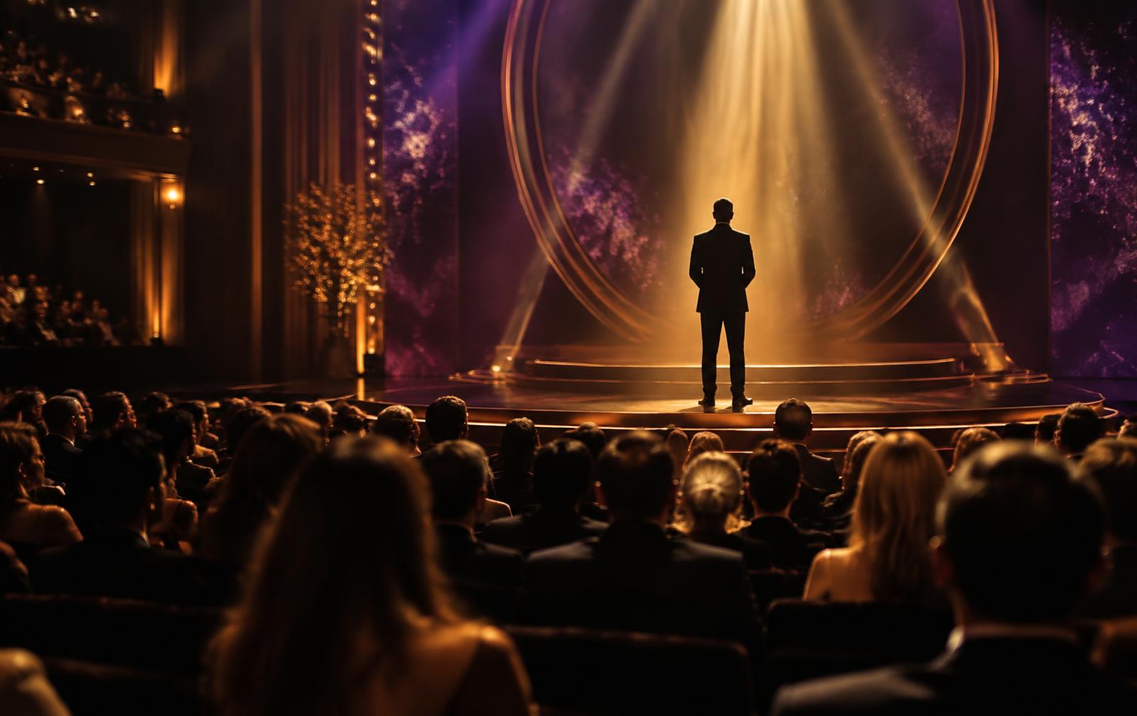 An atmospheric stage lit in warm gold before an engaged audience